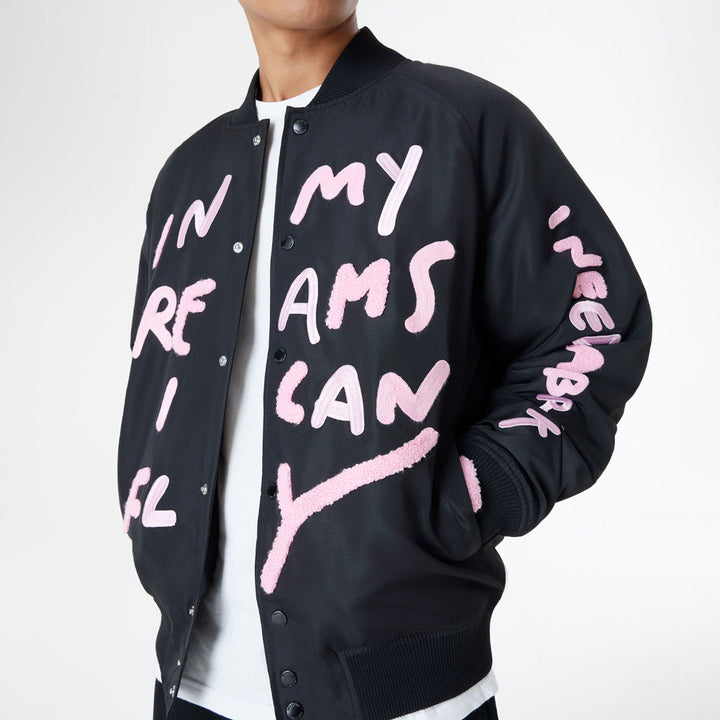 New Era X Ricardo Luevanos In Dream I Can Fly Script Black Oversized Varsit Jacket