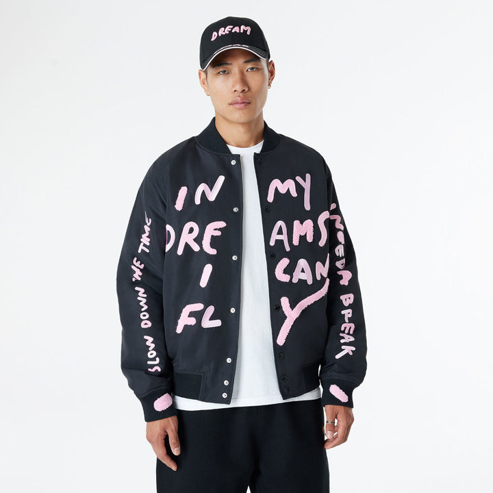 New Era X Ricardo Luevanos In Dream I Can Fly Script Black Oversized Varsit Jacket