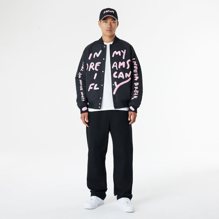 New Era X Ricardo Luevanos In Dream I Can Fly Script Black Oversized Varsit Jacket