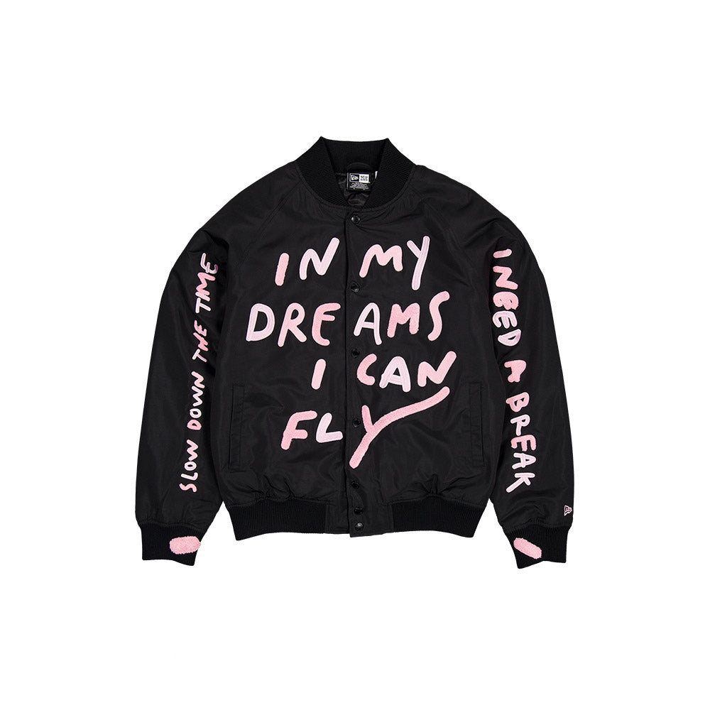 New Era X Ricardo Luevanos In Dream I Can Fly Script Black Oversized Varsit Jacket