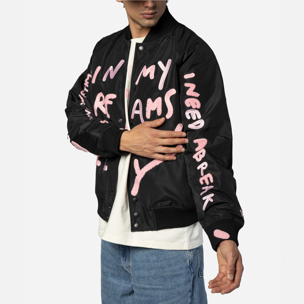 New Era X Ricardo Luevanos In Dream I Can Fly Script Black Oversized Varsit Jacket