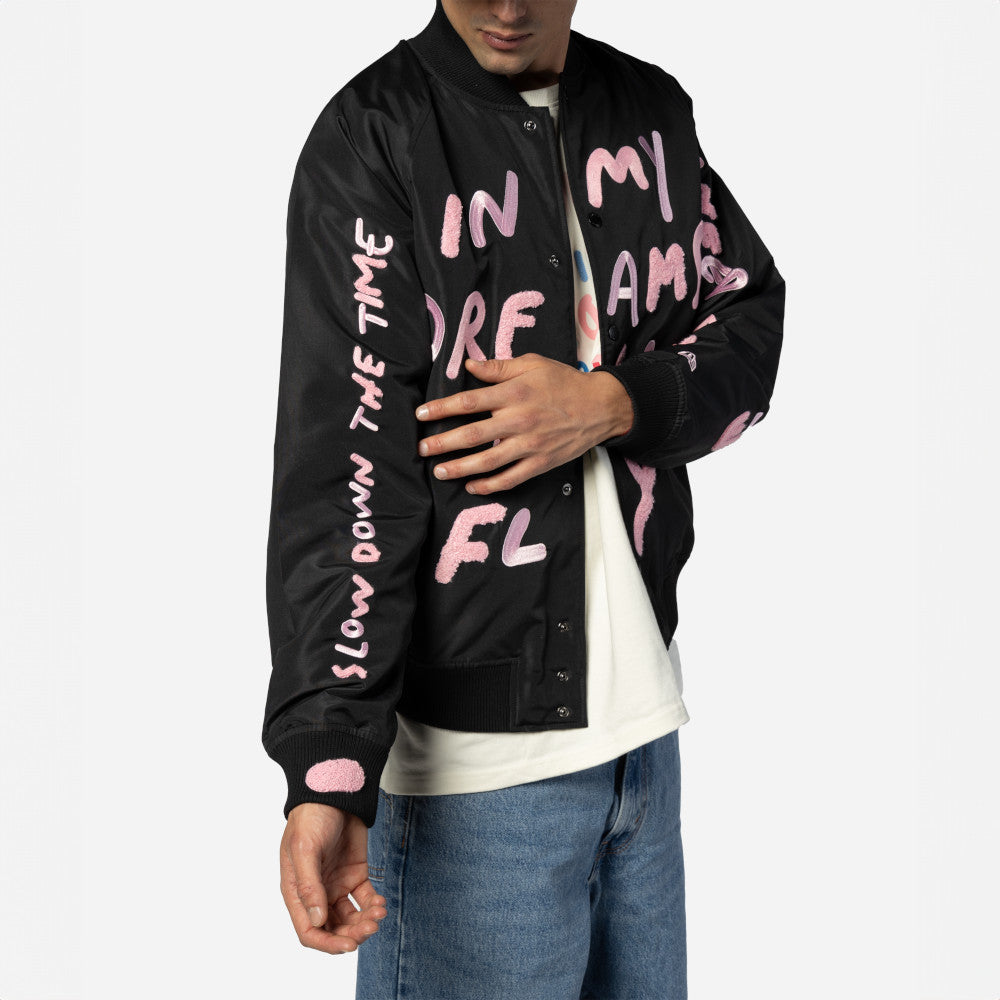 New Era X Ricardo Luevanos In Dream I Can Fly Script Black Oversized Varsit Jacket