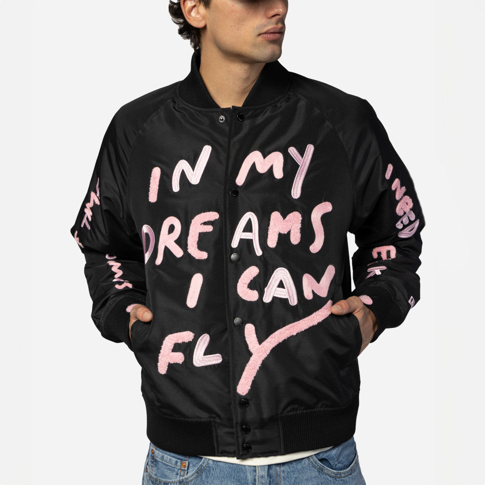 New Era X Ricardo Luevanos In Dream I Can Fly Script Black Oversized Varsit Jacket