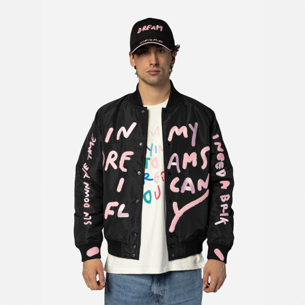 New Era X Ricardo Luevanos In Dream I Can Fly Script Black Oversized Varsit Jacket