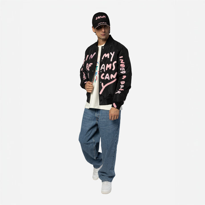 New Era X Ricardo Luevanos In Dream I Can Fly Script Black Oversized Varsit Jacket