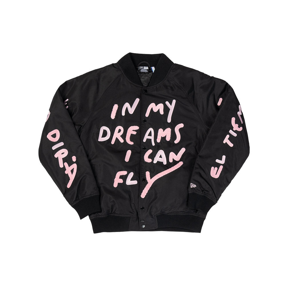 New Era X Ricardo Luevanos In Dream I Can Fly Script Black Oversized Varsit Jacket