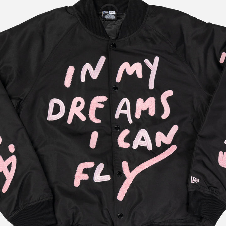 New Era X Ricardo Luevanos In Dream I Can Fly Script Black Oversized Varsit Jacket