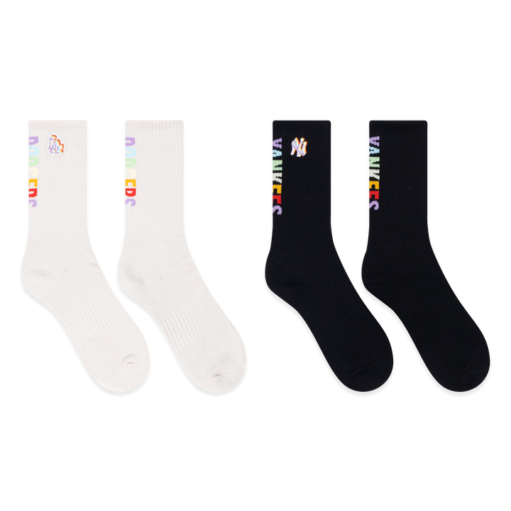 NEW YORK YANKEES AND LOS ANGELES DODGERS 2 PACK LIGHT RAINBOW IVORY AND BLACK SOCKS