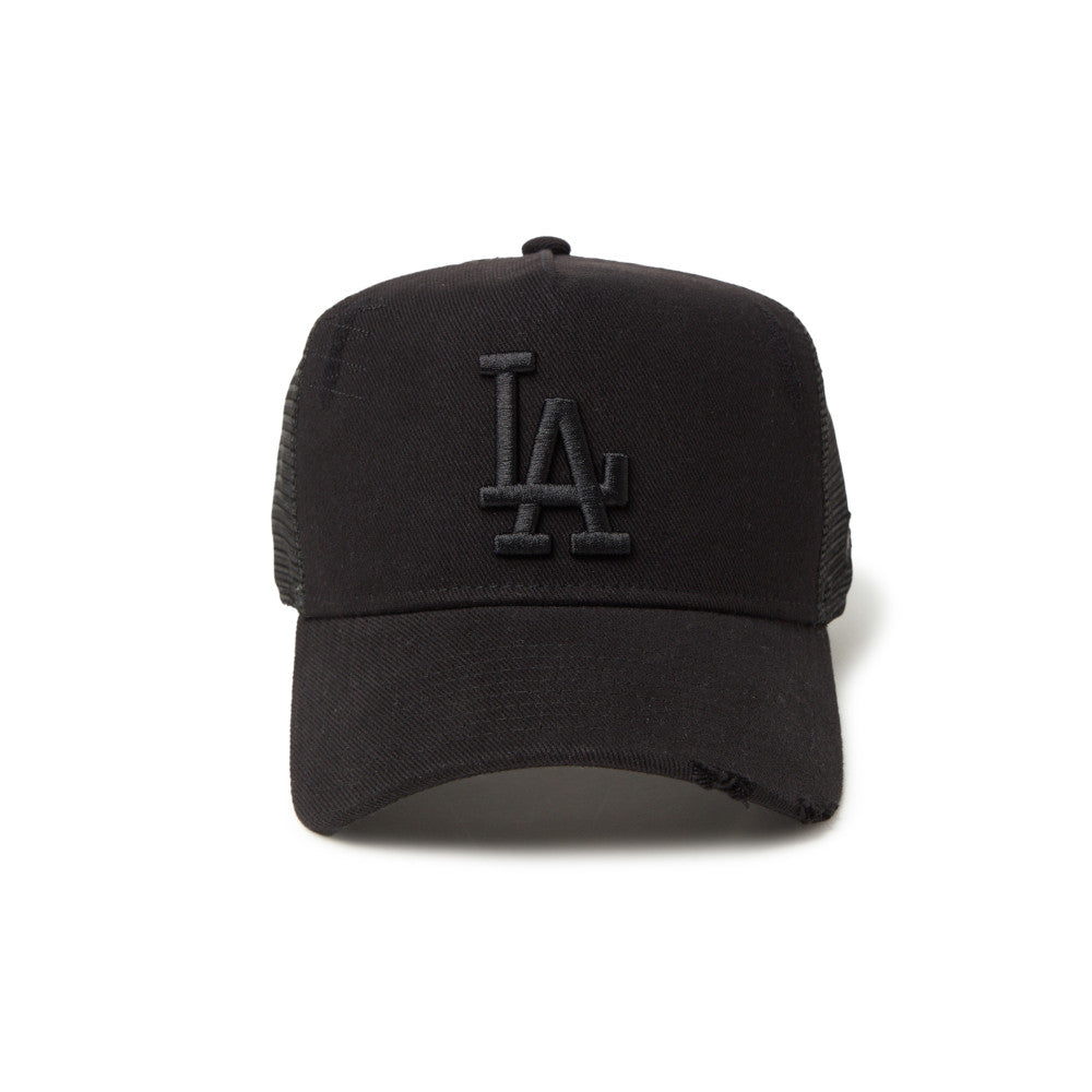 New Era หมวกรุ่น Los Angeles Dodgers Damaged Denim Black 9FORTY A-Frame Trucker Cap