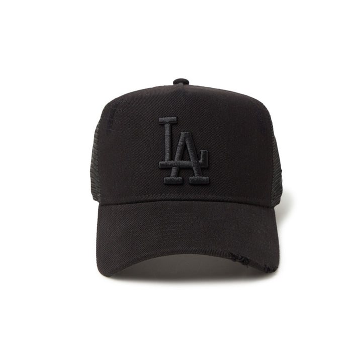 New Era หมวกรุ่น Los Angeles Dodgers Damaged Denim Black 9FORTY A-Frame Trucker Cap