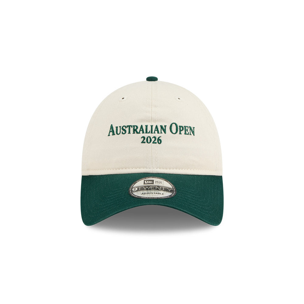 New Era หมวกรุ่น AUSTRALIAN OPEN SEASONAL 2-TONE SCRIPT DARK GREEN/ LIGHT CREAM 9TWENTY CLOTH STRAP CAP