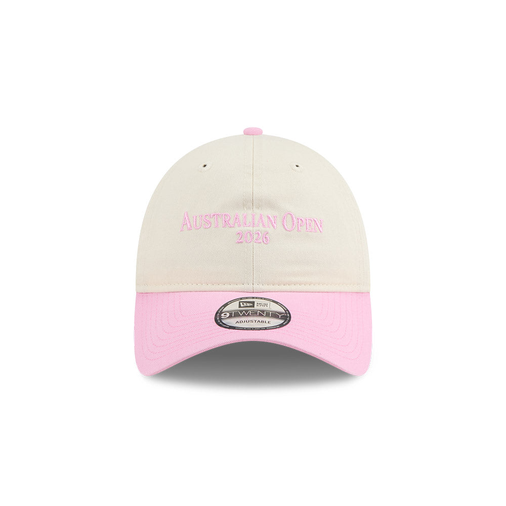 New Era หมวกรุ่น AUSTRALIAN OPEN SEASONAL 2-TONE SCRIPT FONDANT PINK AND LIGHT CREAM 9TWENTY CLOTH STRAP CAP