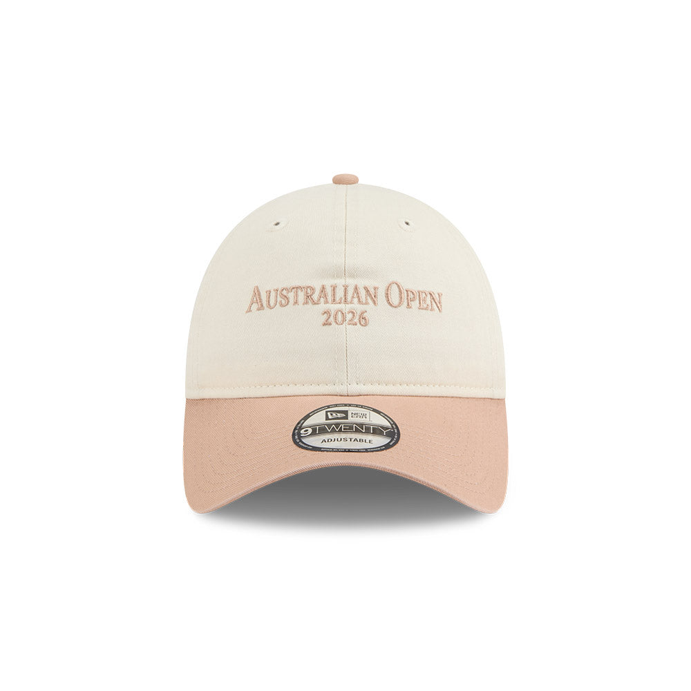 New Era หมวกรุ่น AUSTRALIAN OPEN SEASONAL 2-TONE SCRIPT TIMELLESS TAUPE AND LIGHT CREAM 9TWENTY CLOTH STRAP CAP
