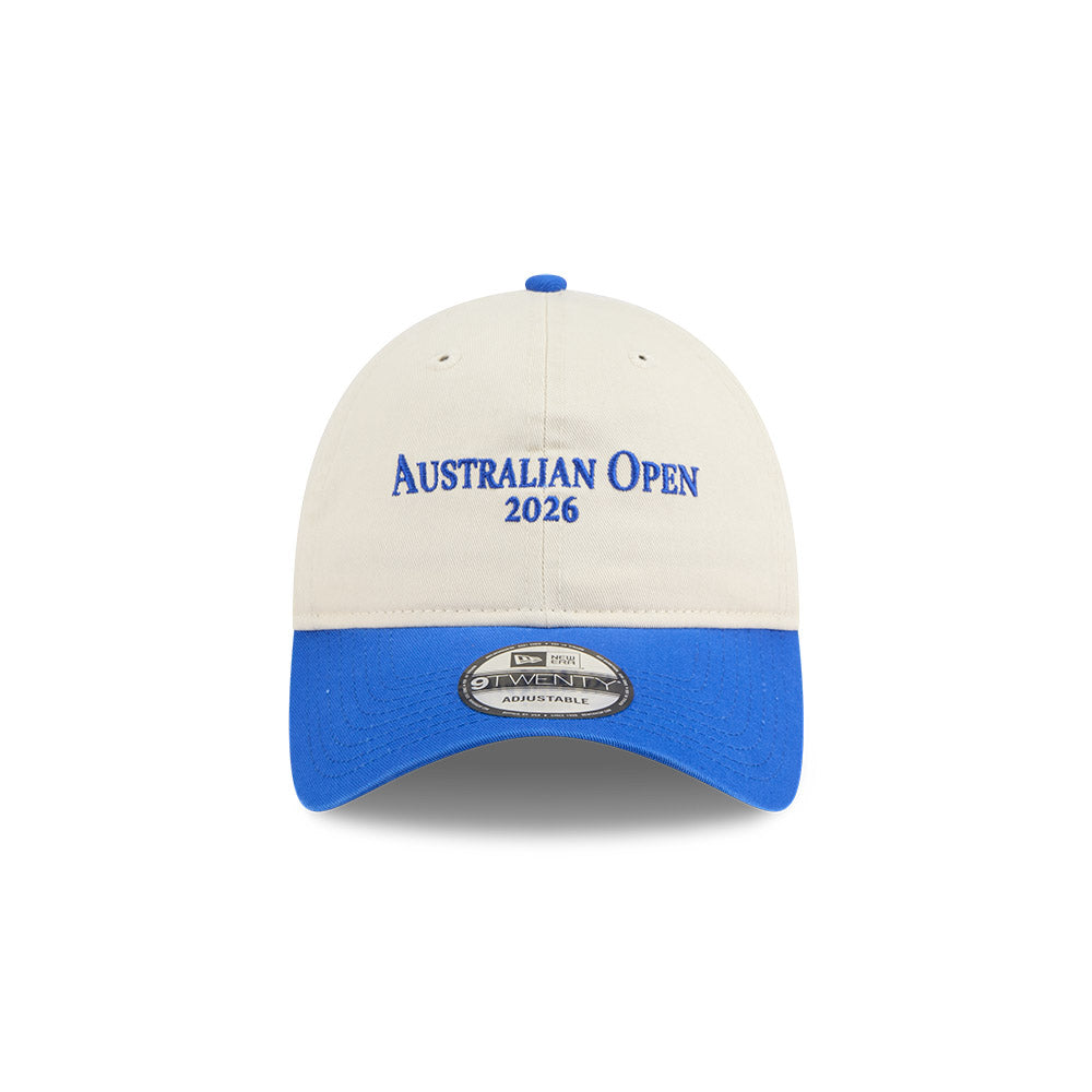 New Era หมวกรุ่น AUSTRALIAN OPEN SEASONAL 2-TONE SCRIPT BLUE BEAD AND LIGHT CREAM 9TWENTY CLOTH STRAP CAP